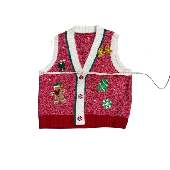 Blizzard Bay Ugly Christmas Sweater Vest / Sequin Bow / Red White Pink / XL - Picture 3 of 4